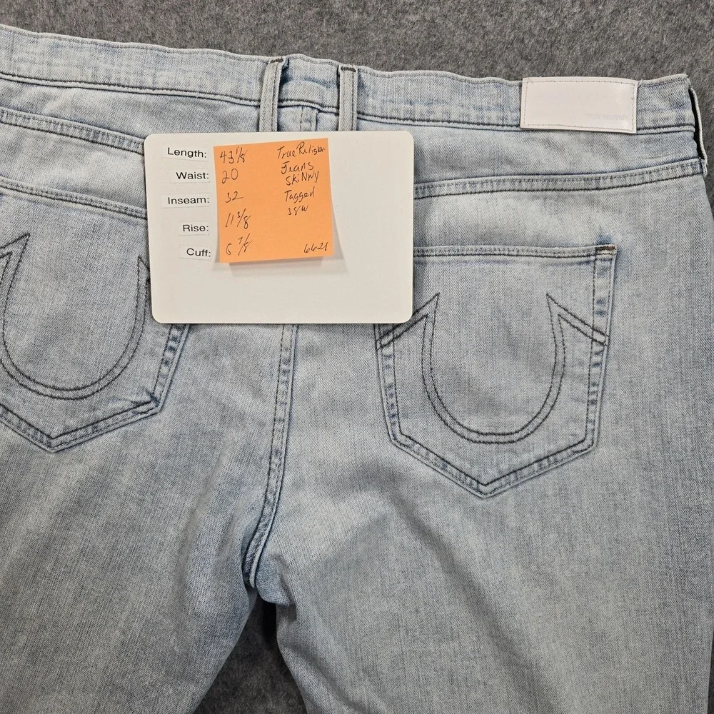 True Religion Jeans Mens 38x32 Blue Skinny Slim Distressed Light Wash Stretch